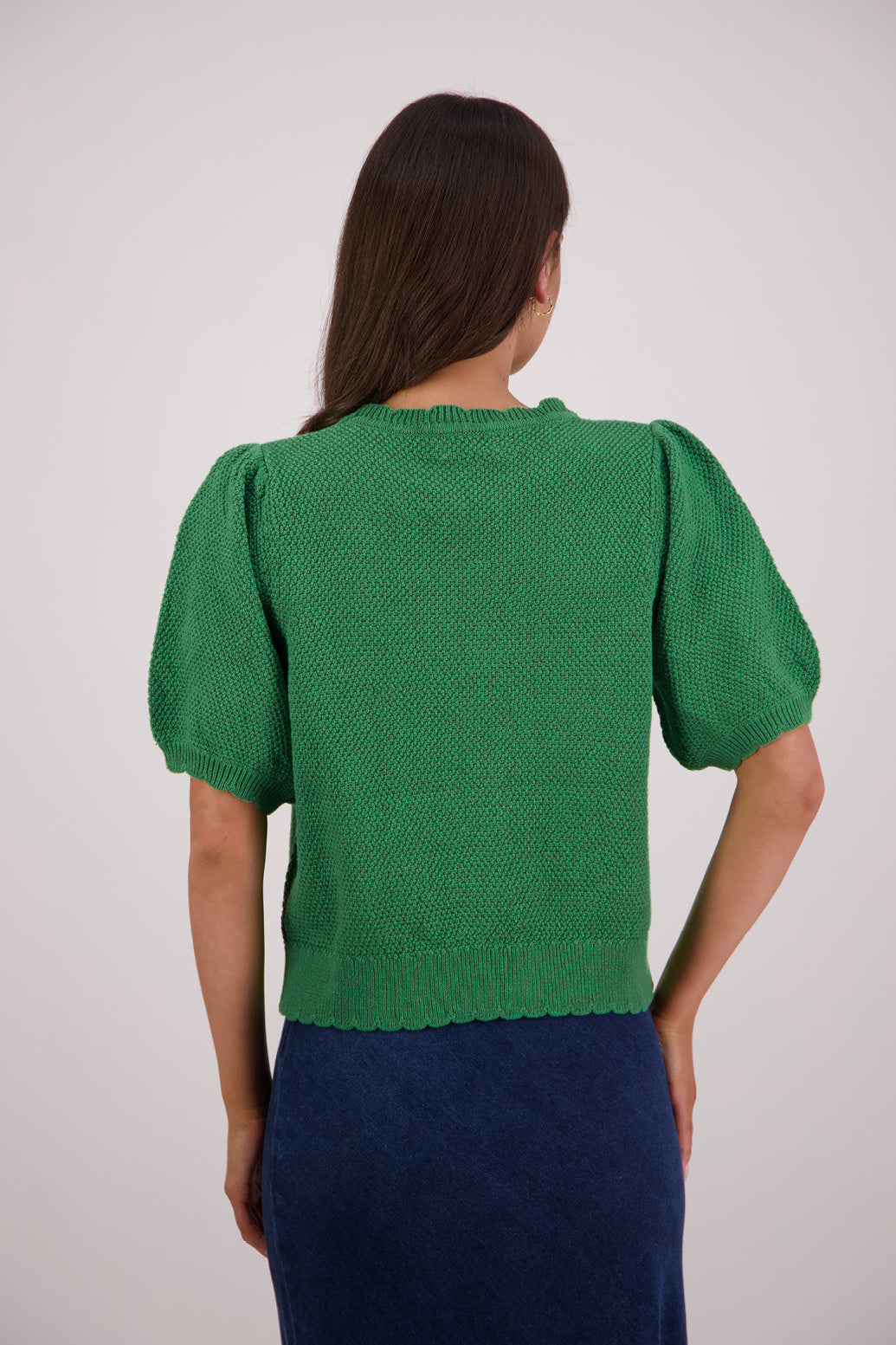Back view Briarwood Tiger Knit Top in Green.