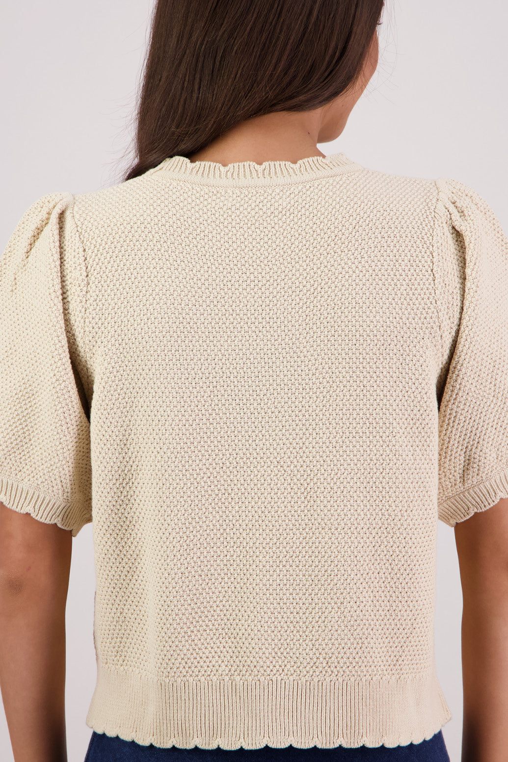 Closeup back view Briarwood Tiger Knit Top in Natural.