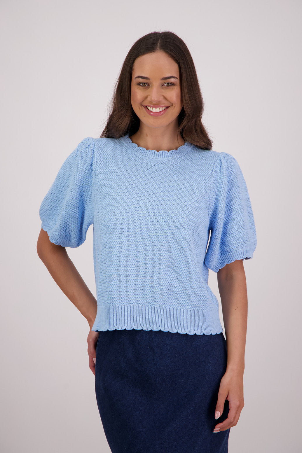 Briarwood Tiger Knit Top in Sky Blue, 100% Cotton.