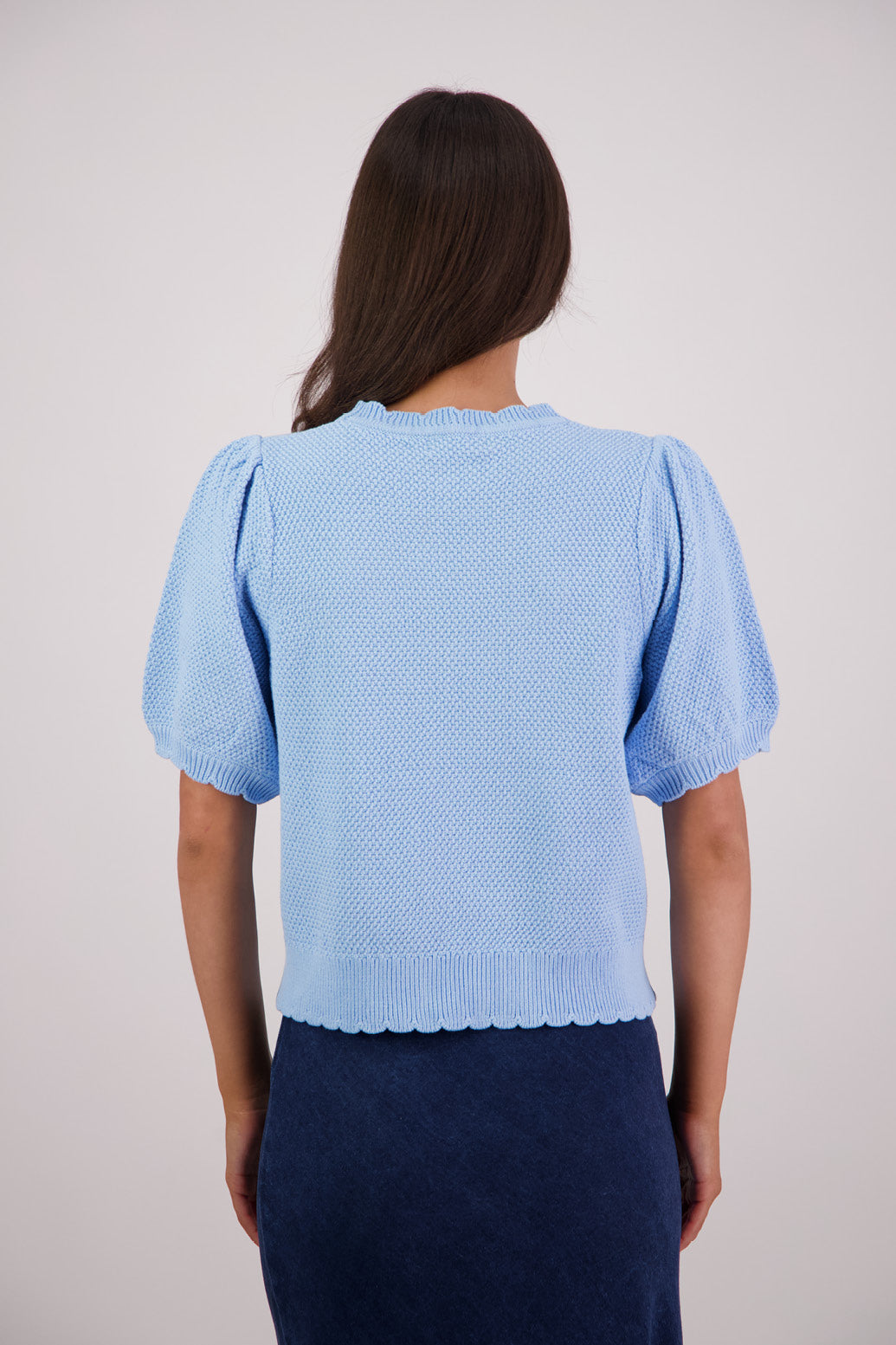 Back view Briarwood Tiger Knit Top in Sky Blue.