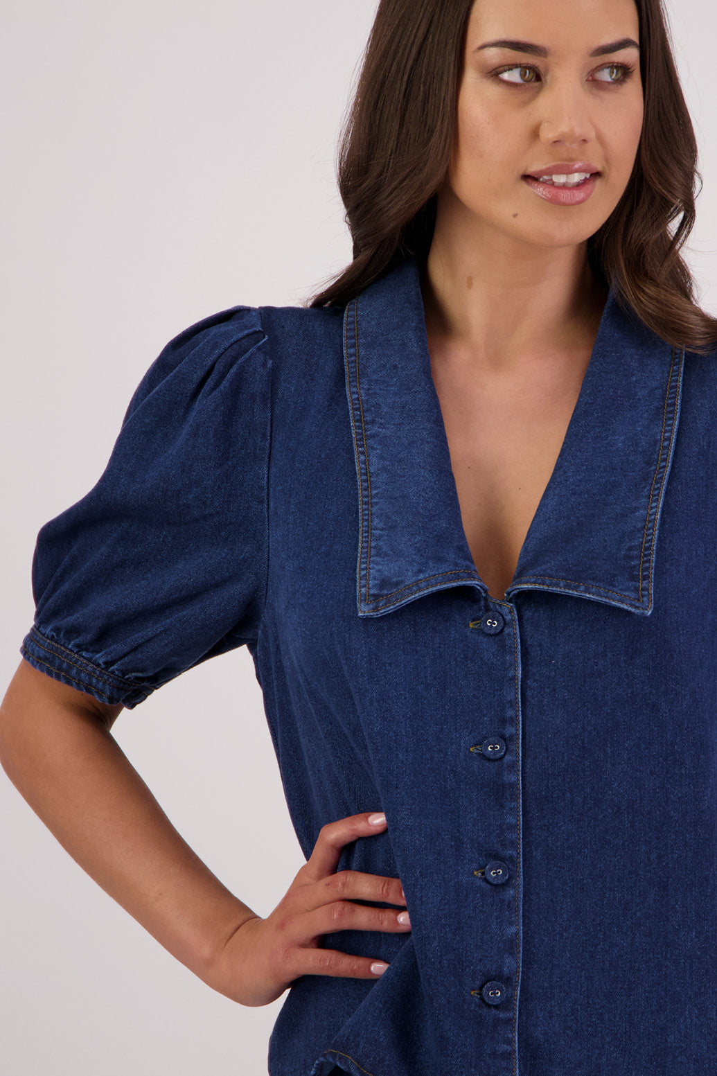 Closeup front view Briarwood Toby Tencel Denim Shirt.