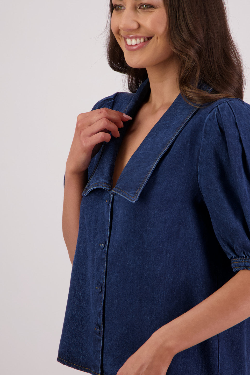 Closeup side view Briarwood Toby Tencel Denim Shirt.