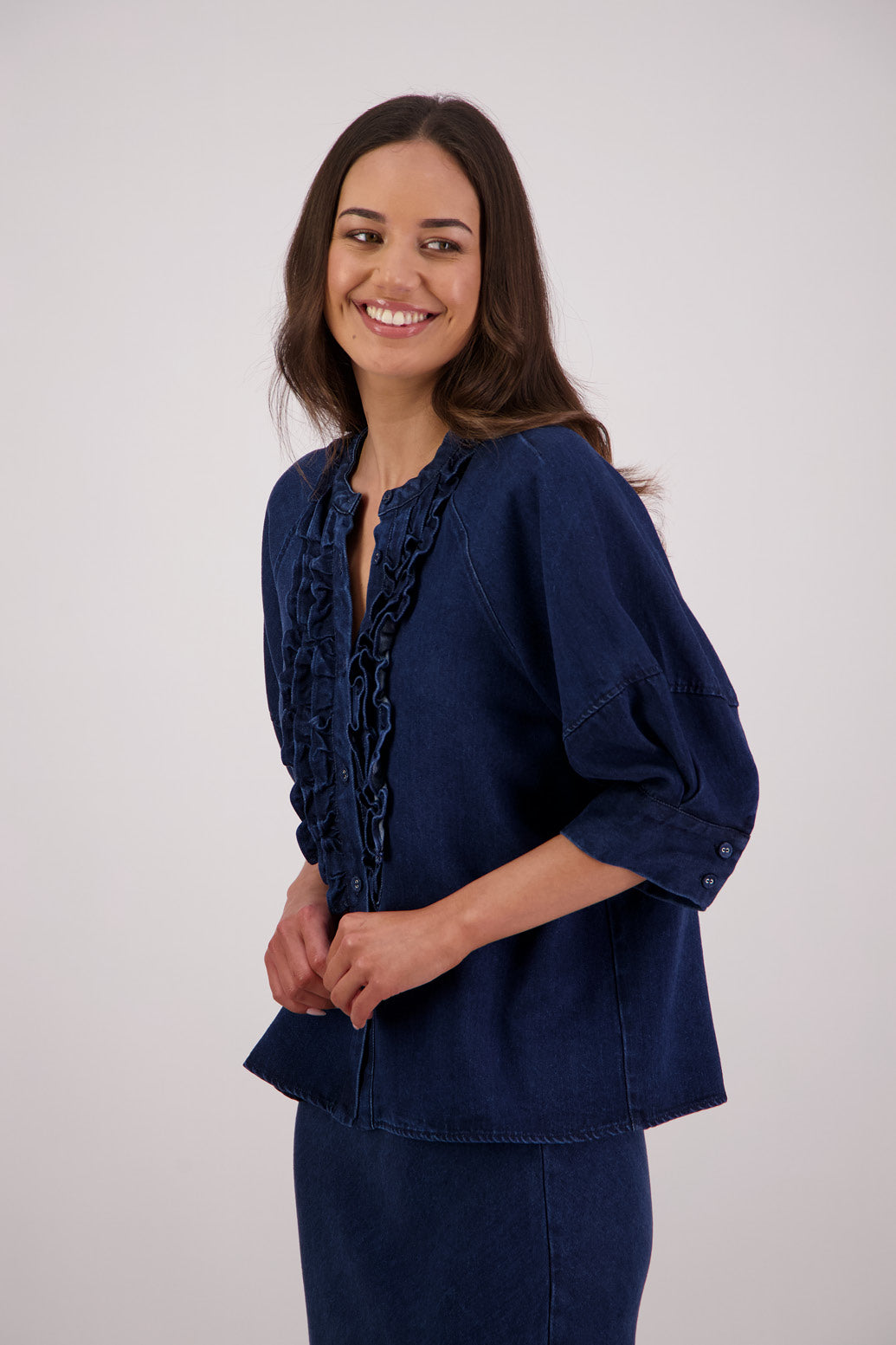 Side view Briarwood Todd Tencel Denim Shirt.