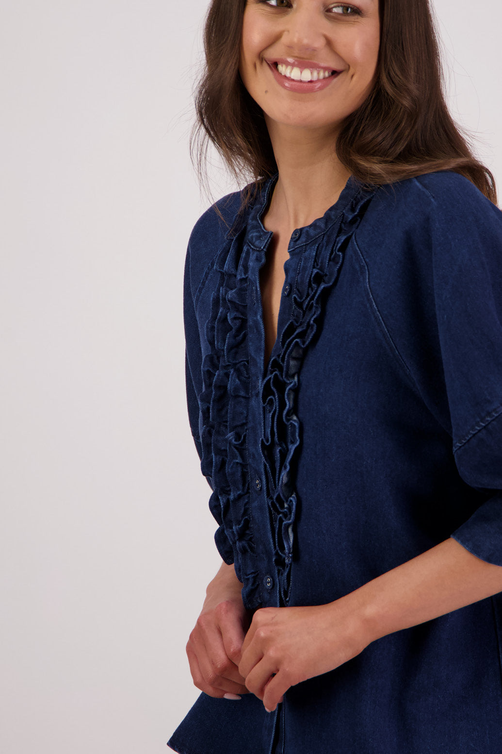Closeup side view Briarwood Todd Tencel Denim Shirt.