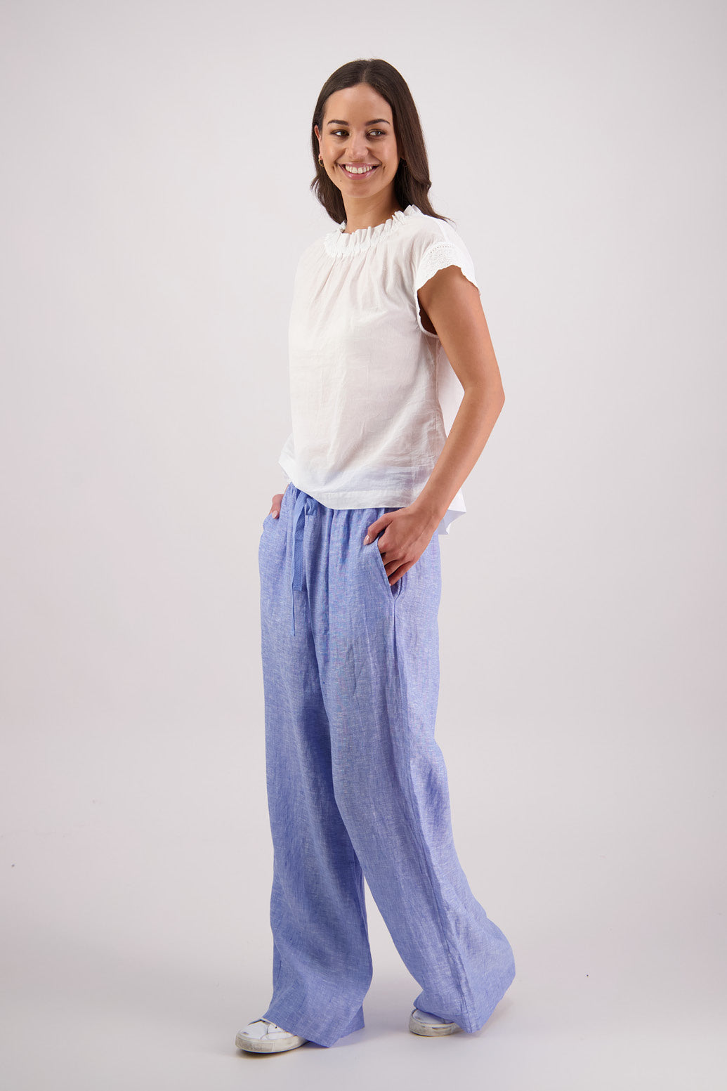 Side view Briarwood Toddy Pant in Sky Blue.