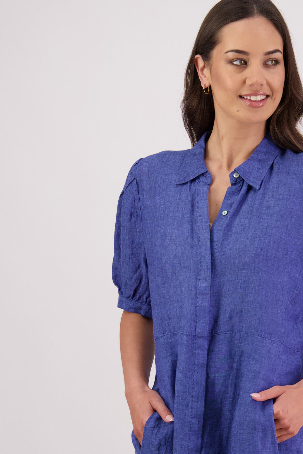 Closeup front view Briarwood Tokyo Dress in Blue.