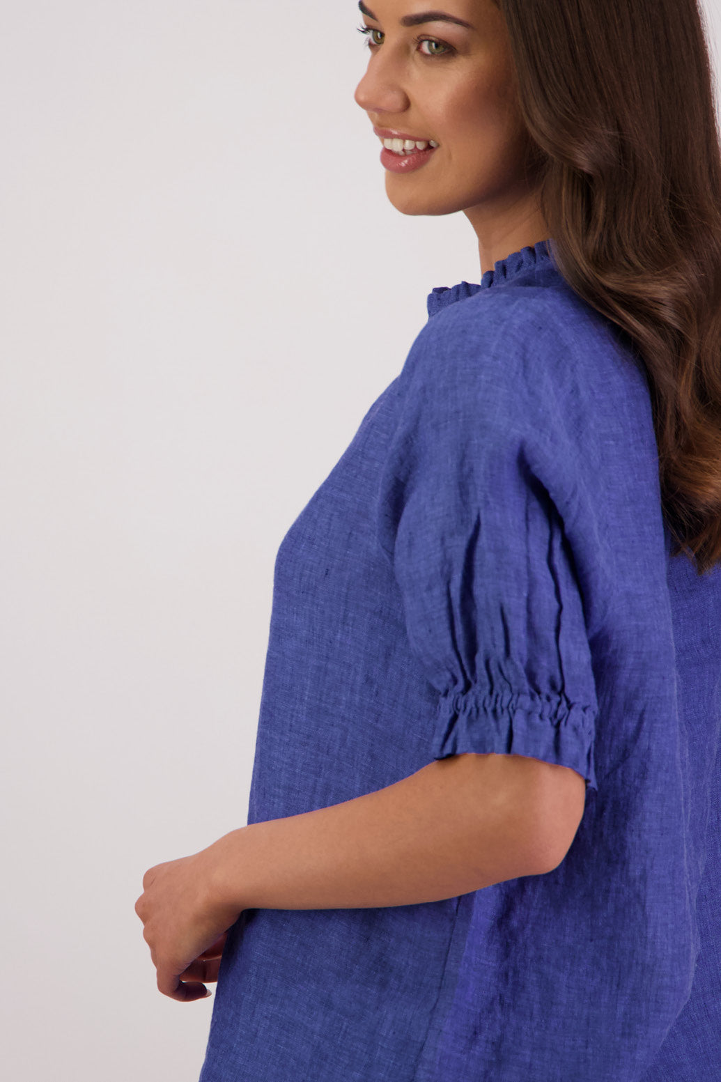 Closeup side view Briarwood Tom Shirt in Blue.