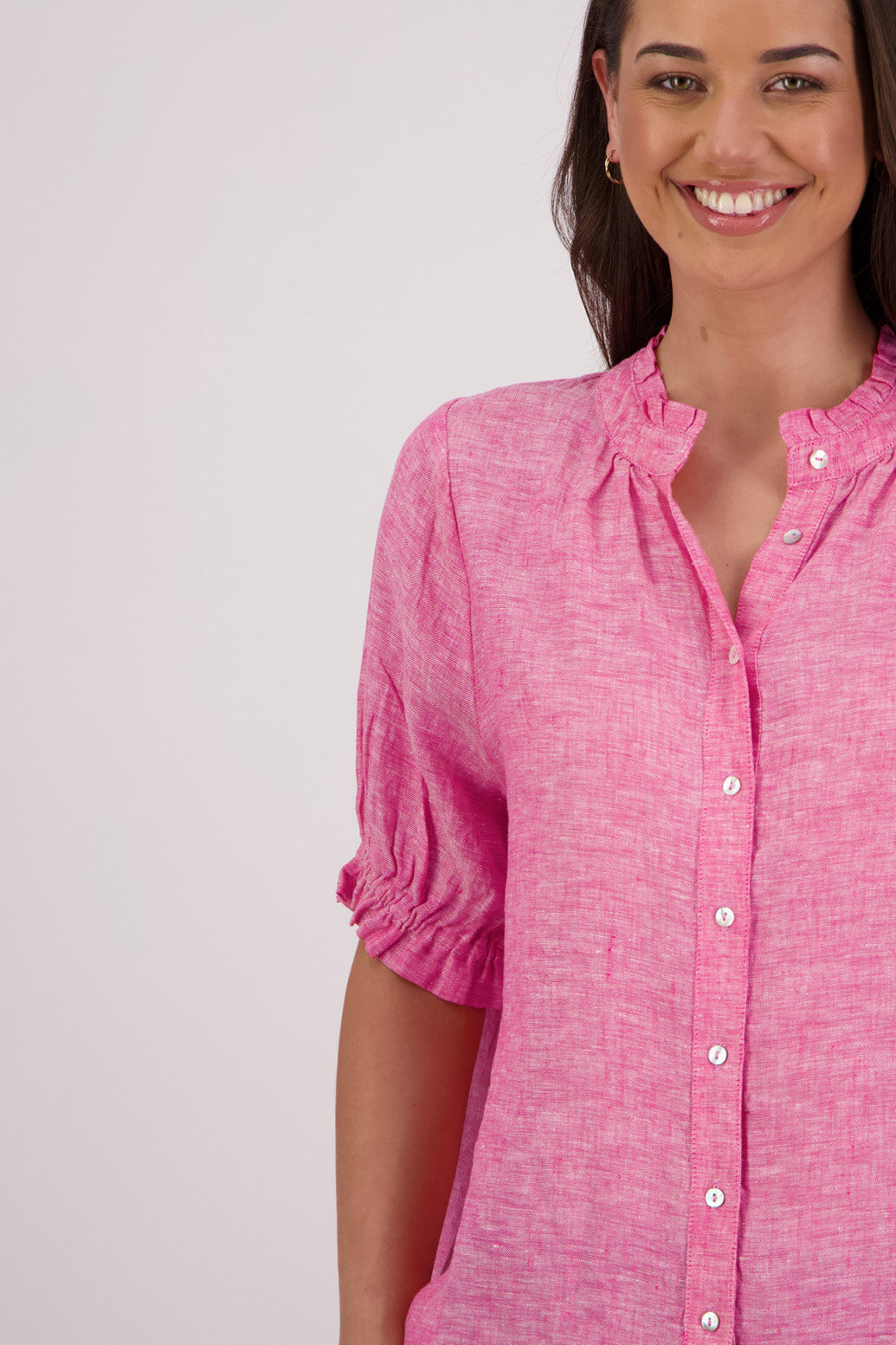 Closeup front view Briarwood Tom Shirt in Pink.