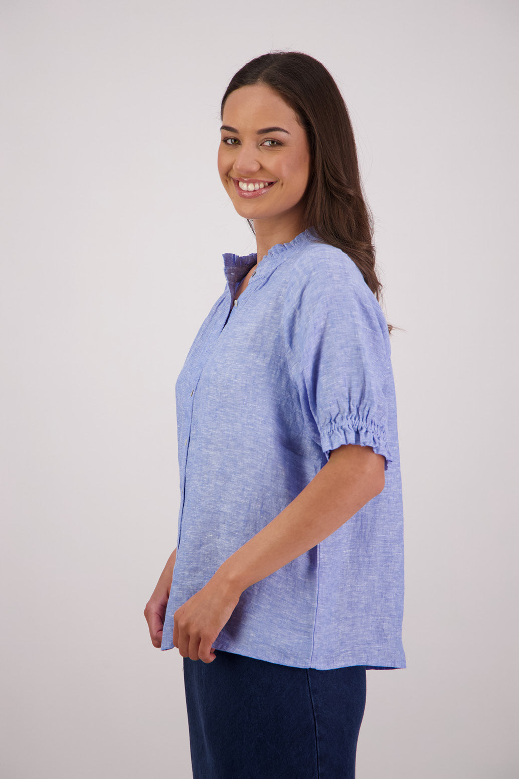 Side view Briarwood Tom Shirt in Sky Blue.