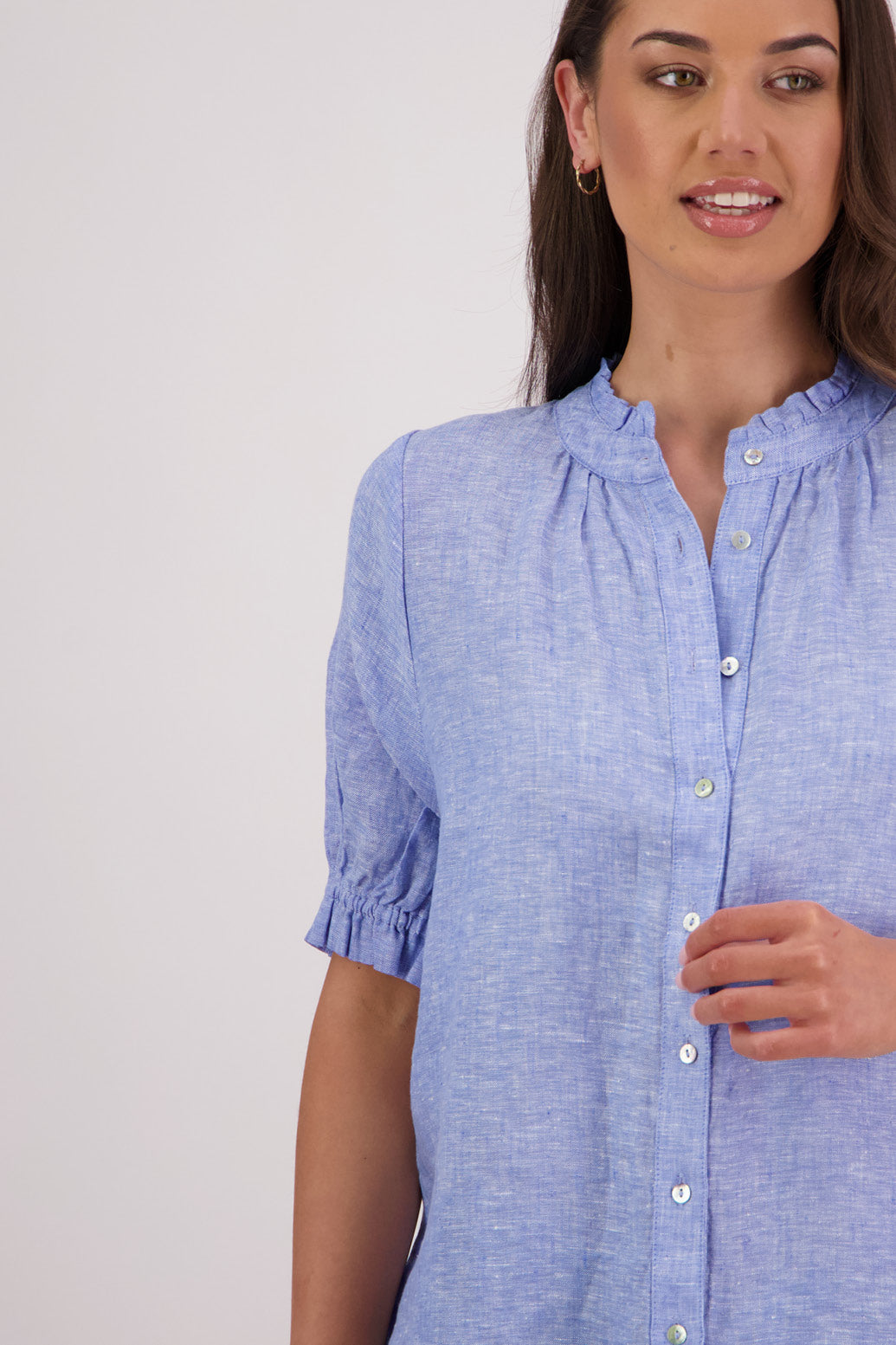 Closeup front view Briarwood Tom Shirt in Sky Blue.