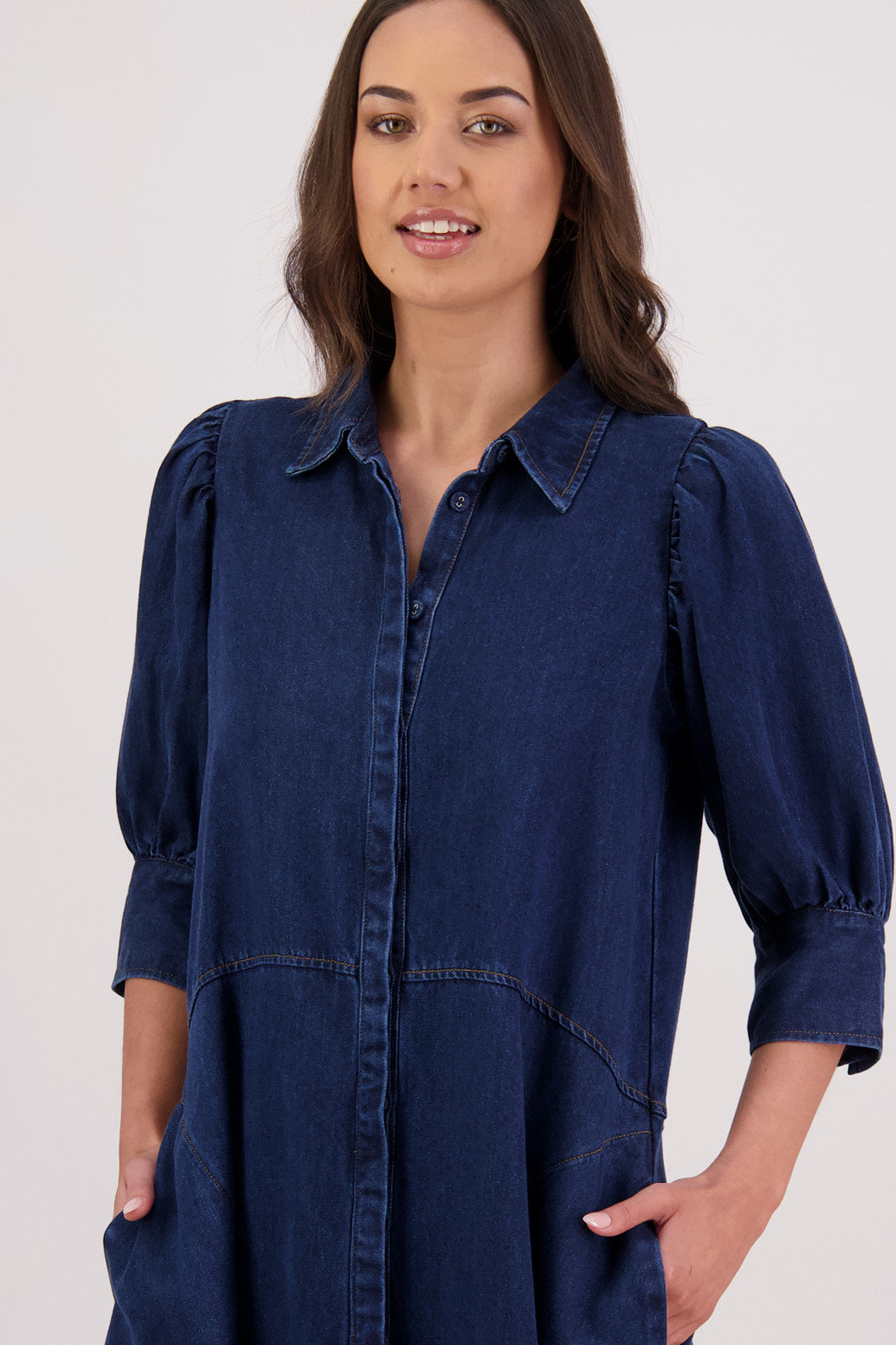 Closeup front view Briarwood Tommy Tencel Denim Shirt Dress.