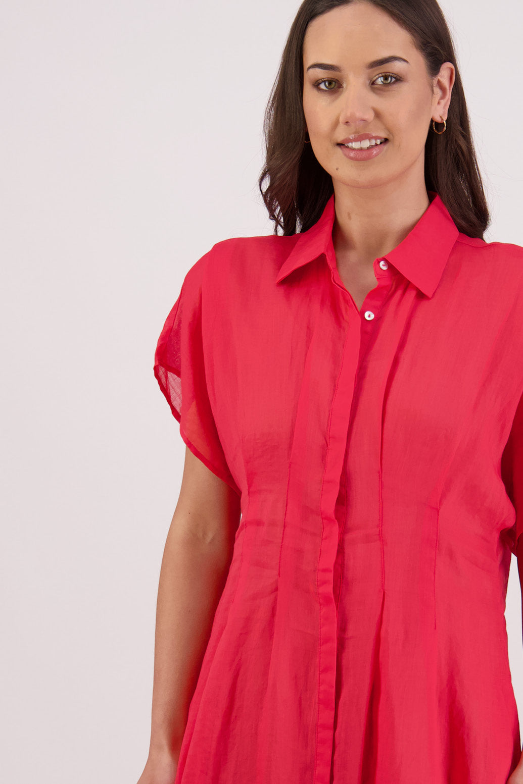 Closeup front view of Briarwood Toni Dress in Red.