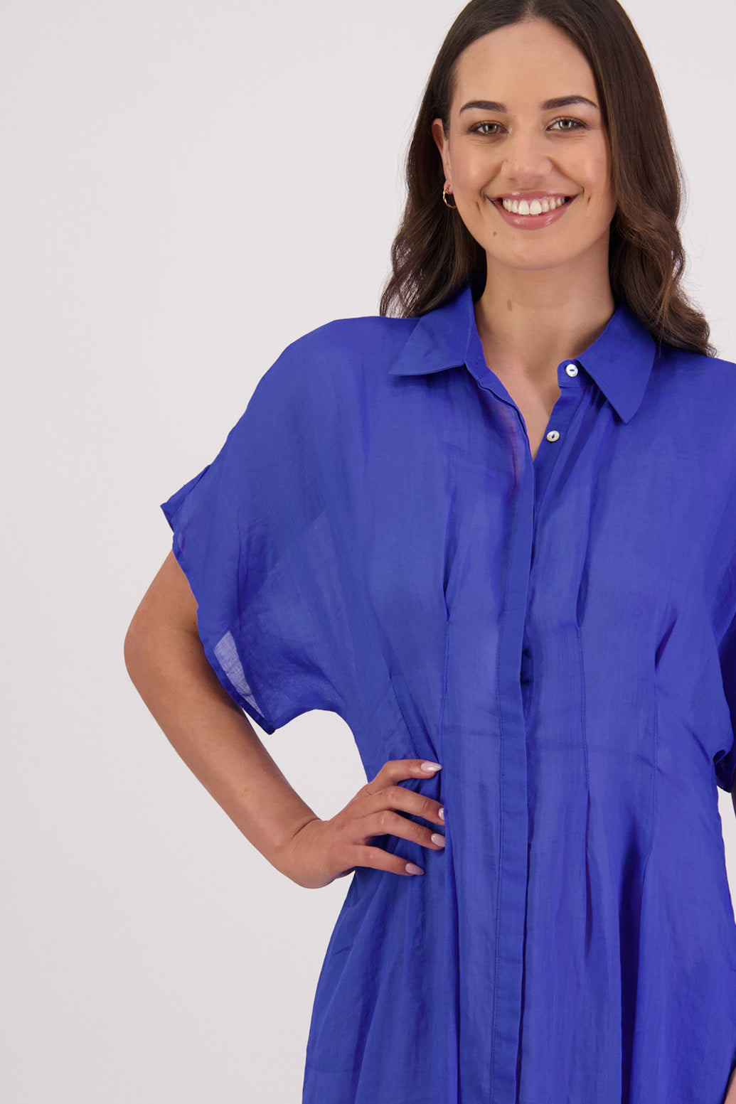 Closeup front view of Briarwood Toni Dress in Royal.