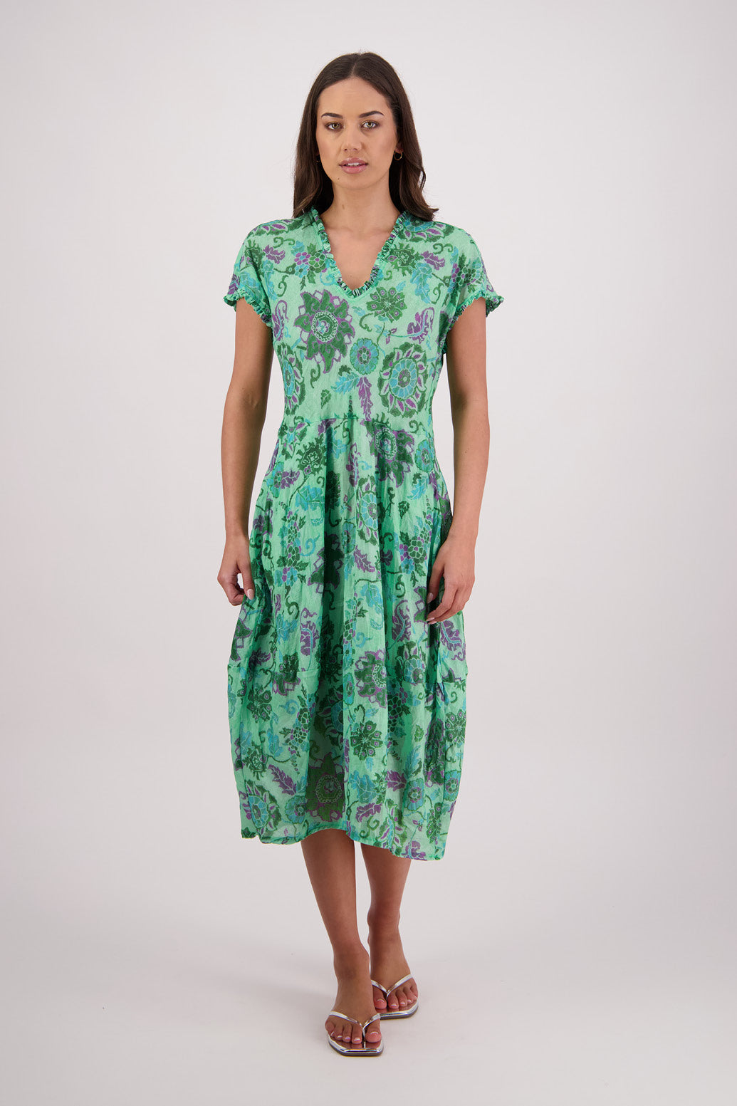 Briarwood Tori Dress in Green Floral print, 100% Ramie.