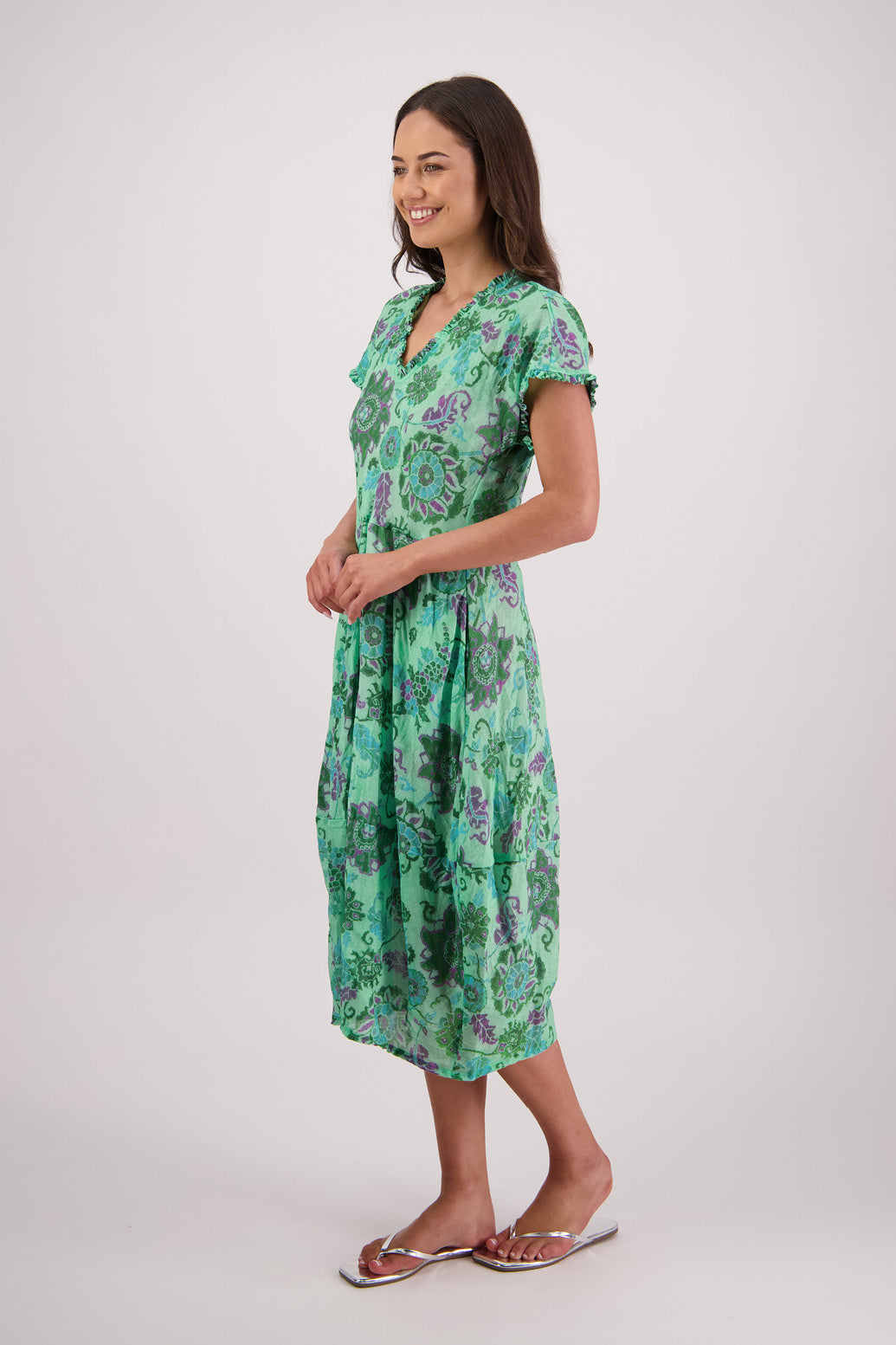 Side view of Briarwood Tori Dress in Green Floral print.