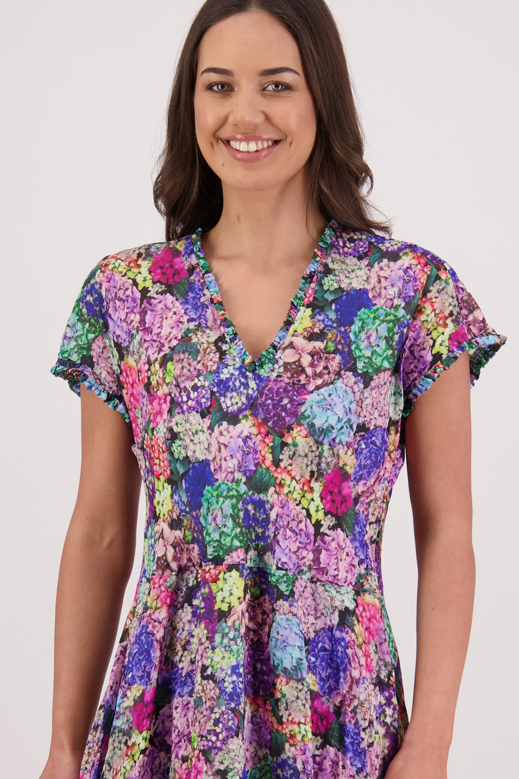 Close up of front view of Briarwood Tori Dress in Hydrangea print.