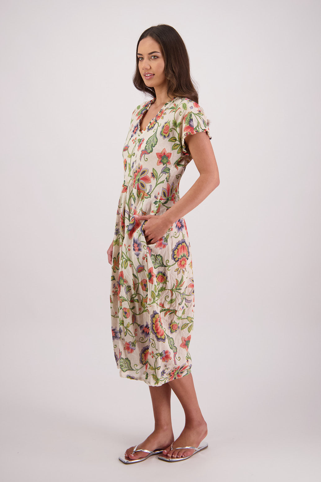 Side view of Briarwood Tori Dress in Jacobean print.