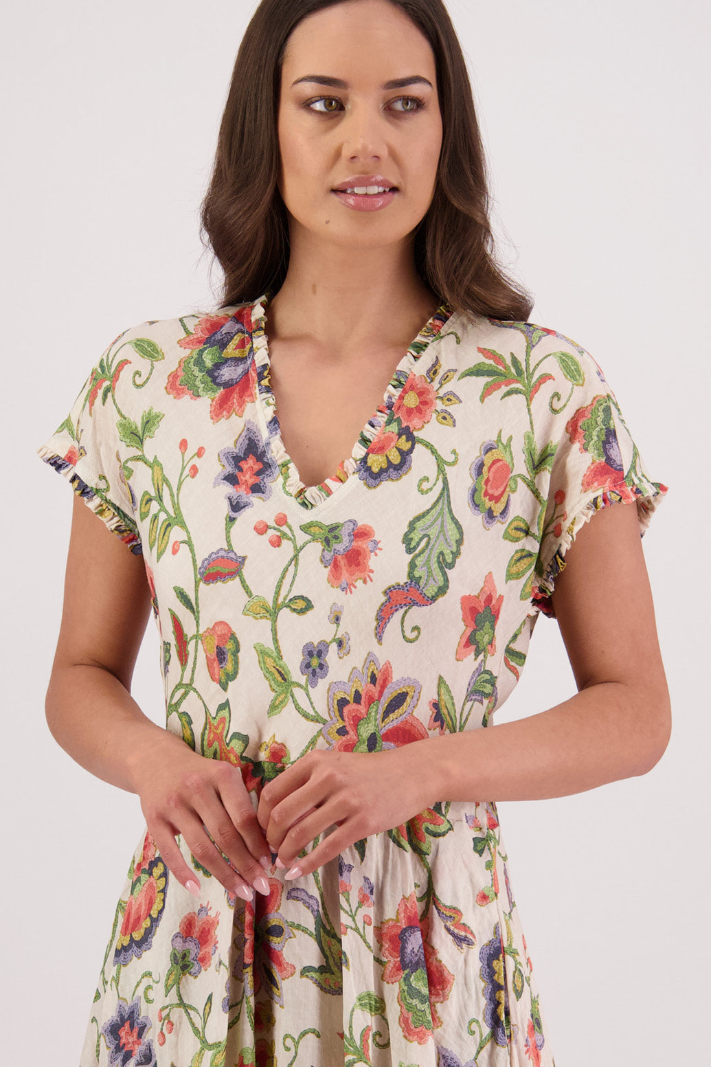Close up of front view of Briarwood Tori Dress in Jacobean print.
