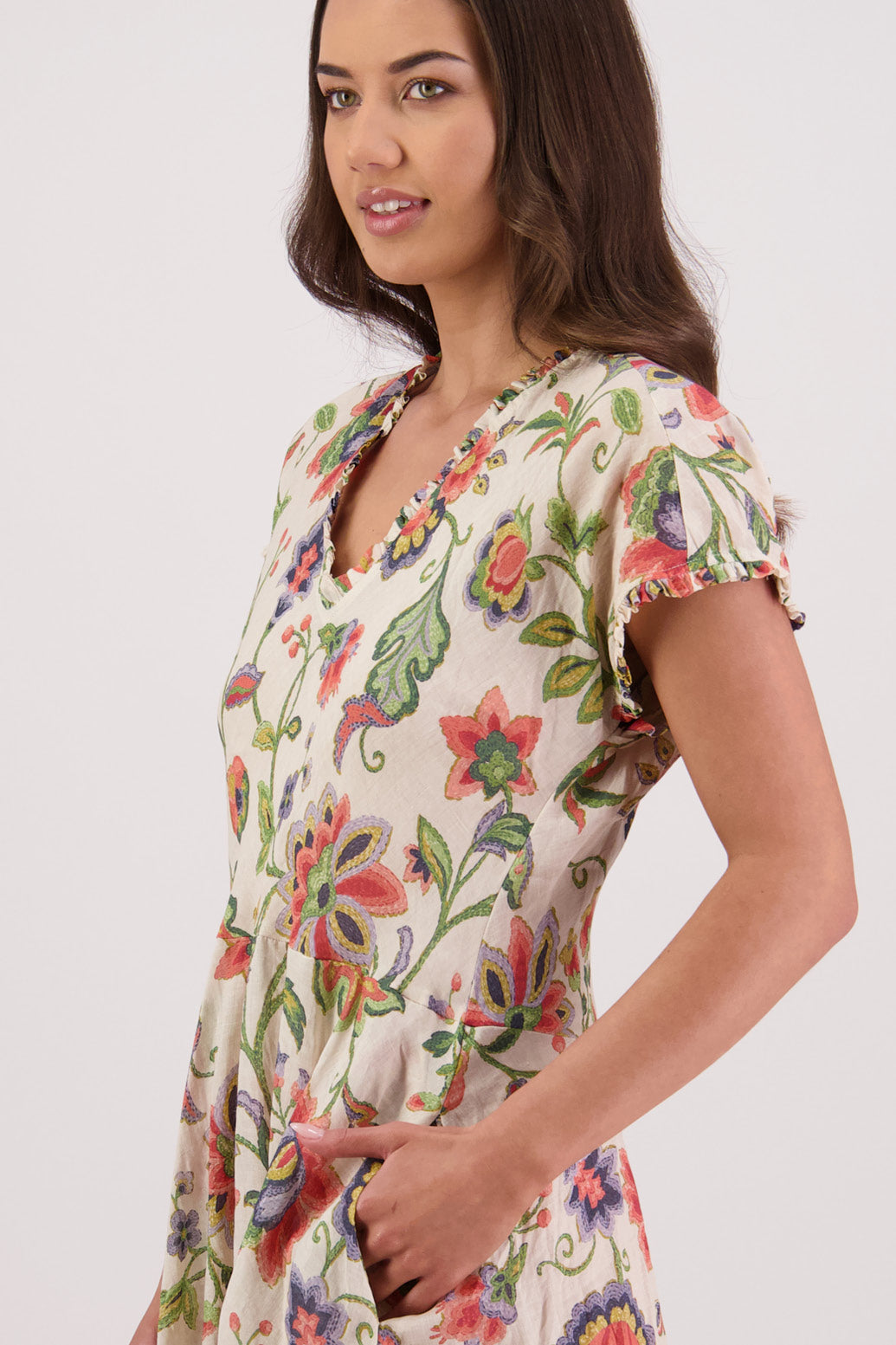 Close up of side view of Briarwood Tori Dress in Jacobean print.