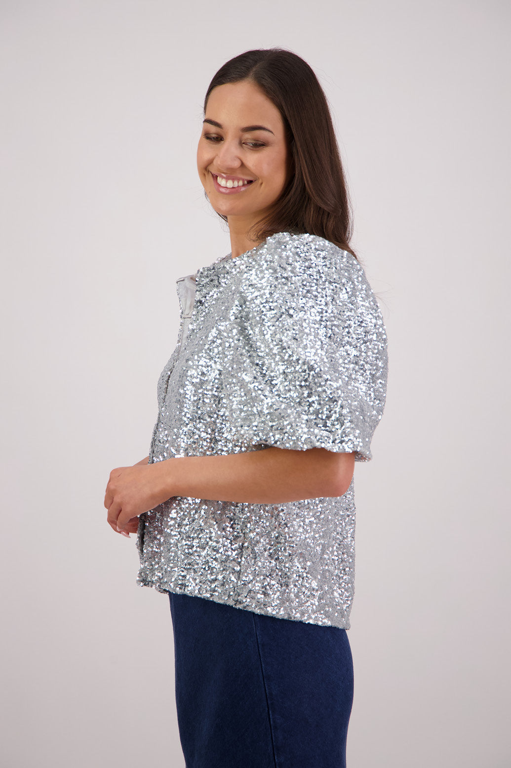 Side view Briarwood Treasure Top in Silver Sequins.