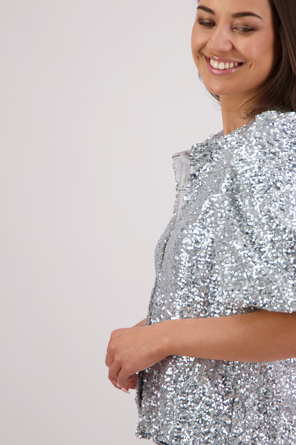 Closeup side view Briarwood Treasure Top in Silver Sequins.