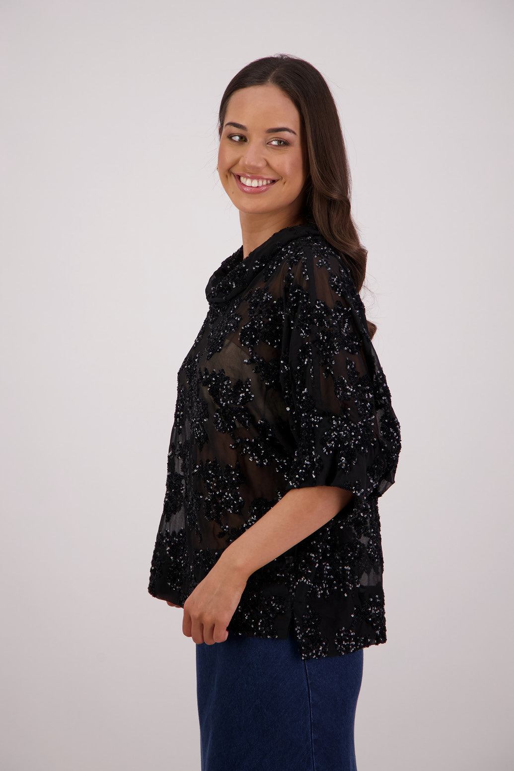Side view Briarwood Treat Sequin Top in Black.