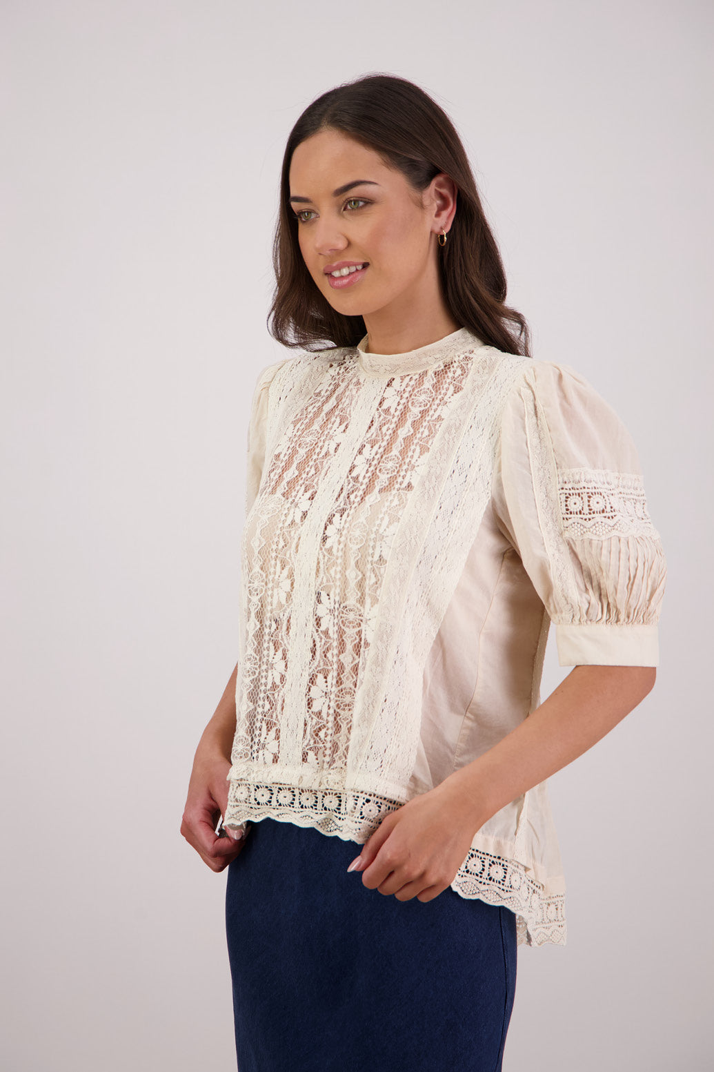Side view Briarwood Trina Lace Top in Cream.