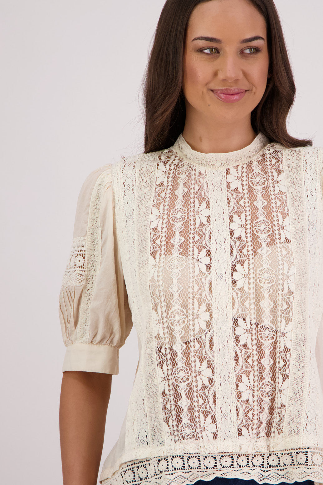 Closeup front view Briarwood Trina Lace Top in Cream.