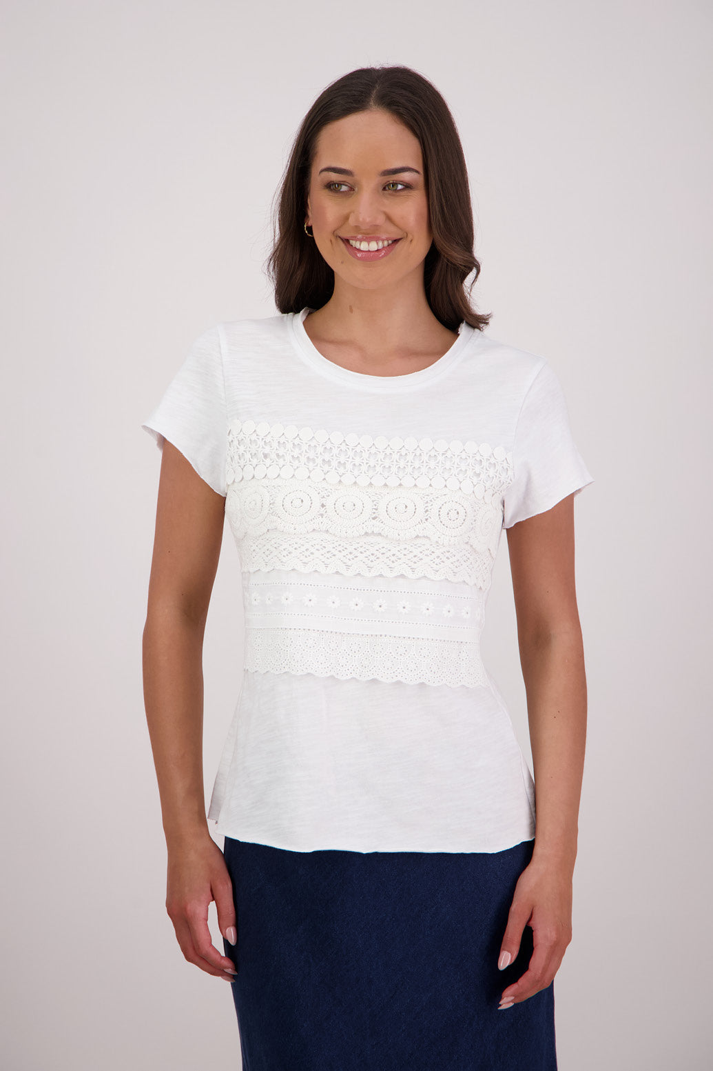 Briarwood Trish T-shirt in White, 100% Cotton, 100% Lace.