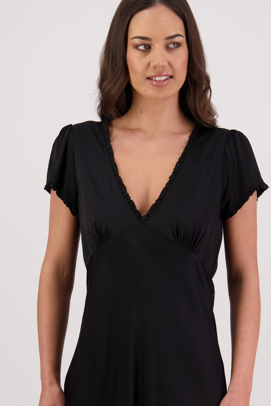 Close up front view Briarwood Tully Dress in Black.