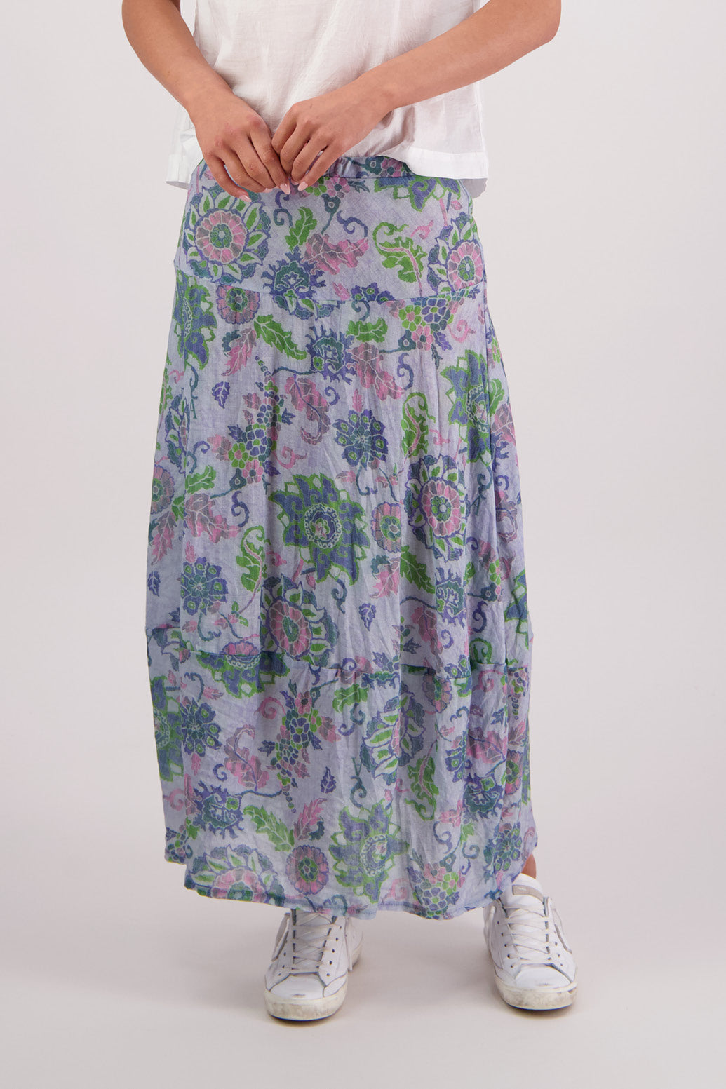Close up of front view of Briarwood Tutti Skirt in Blue Floral print.
