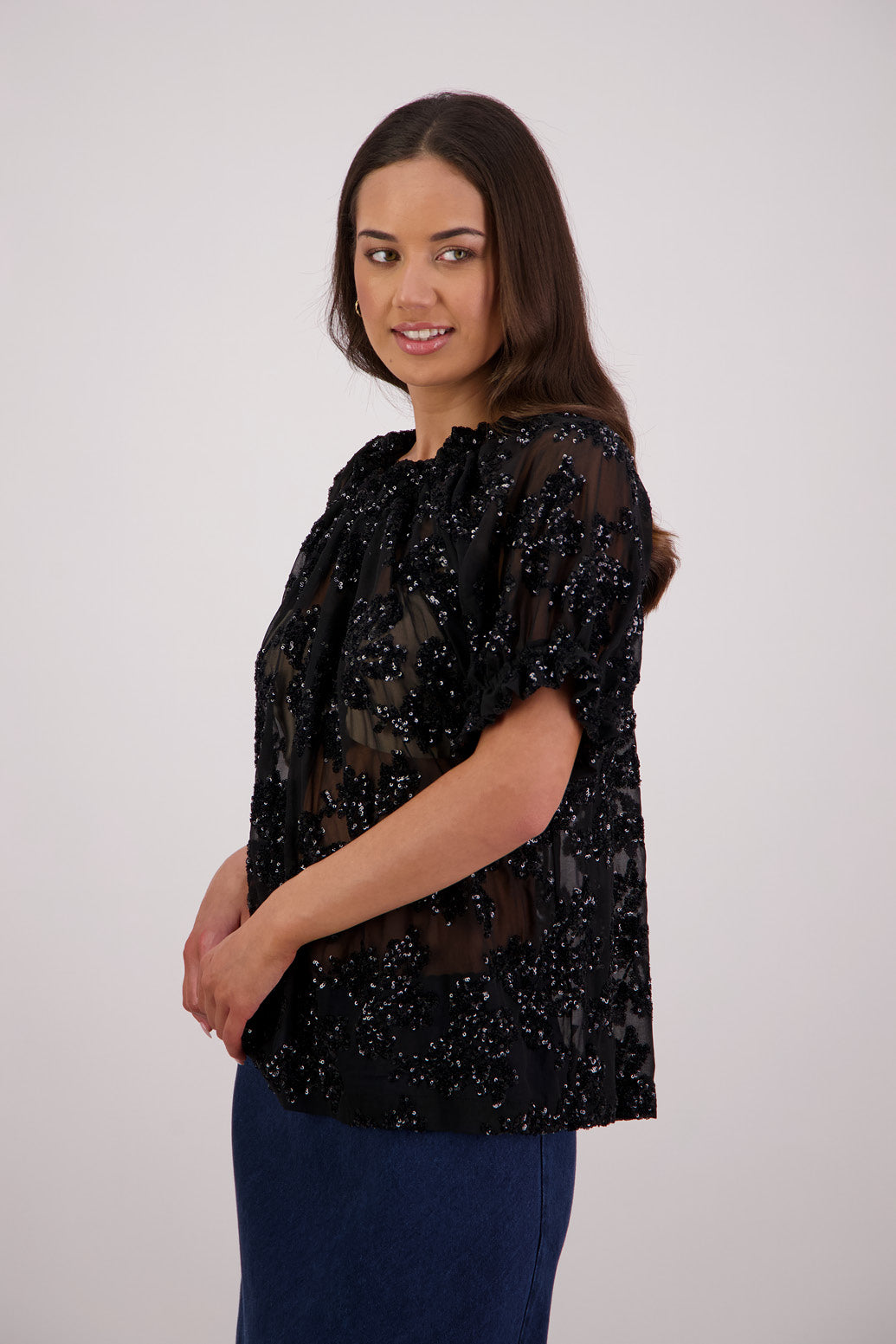 Side view Briarwood Twilight Sequin Top in Black.