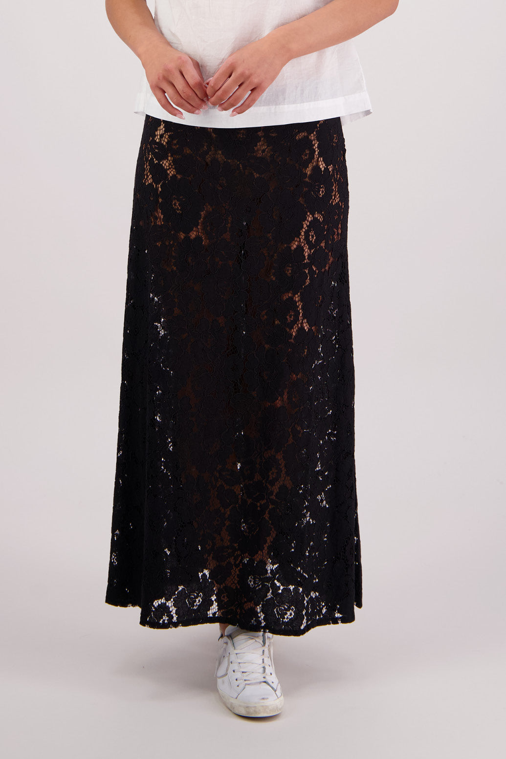 Close up front view Briarwood Twinkle Lace Skirt in Black.