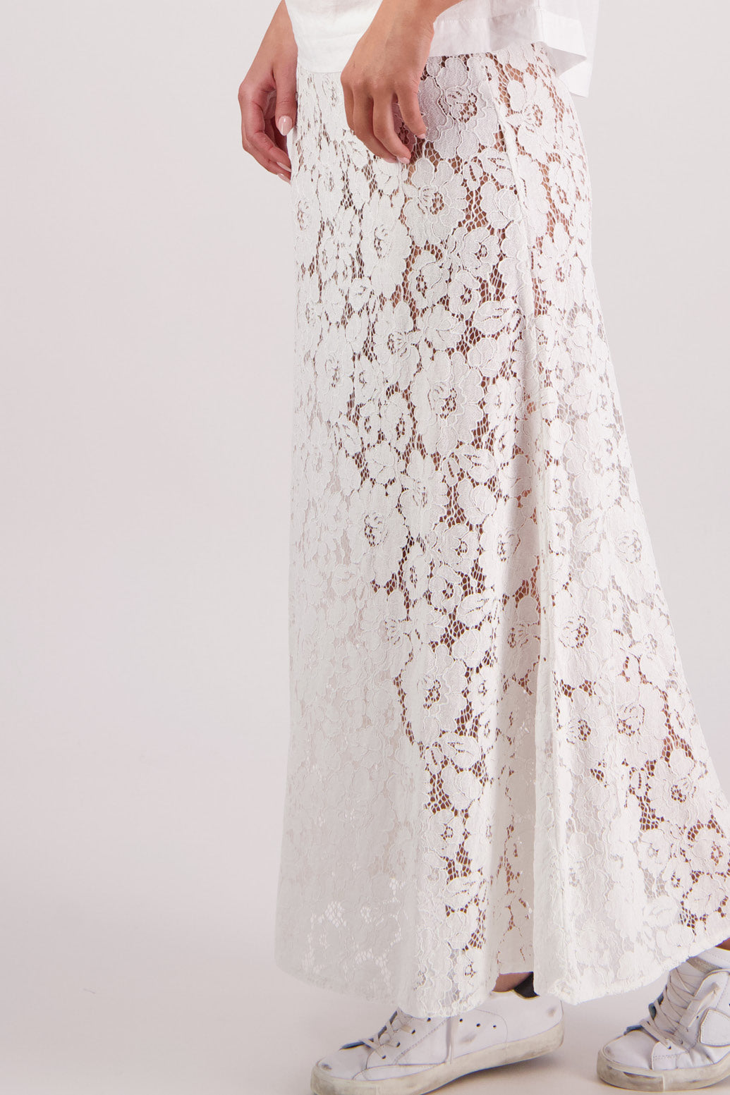 Close up side view Briarwood Twinkle Lace Skirt in White.