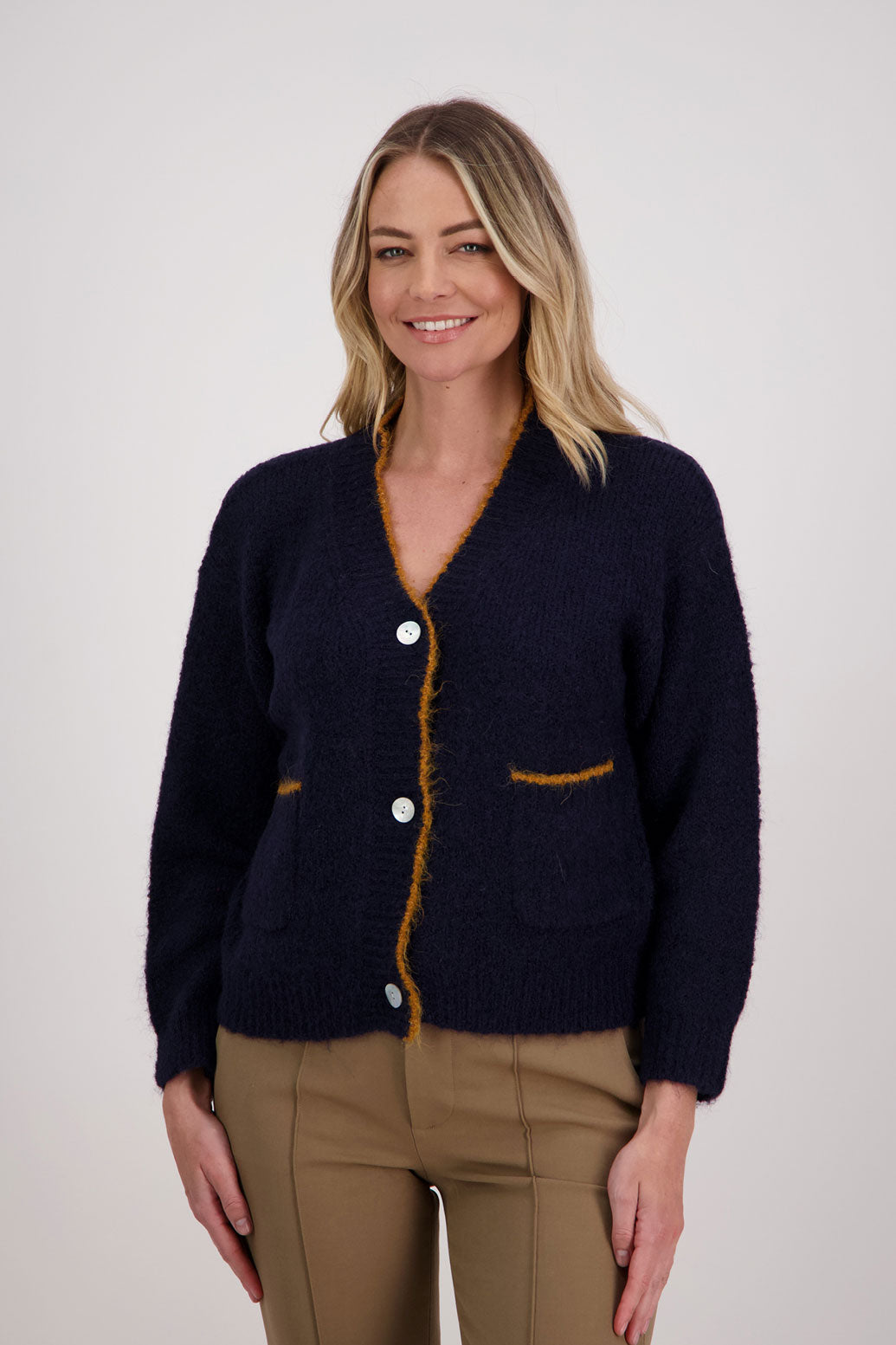 Ink with Tan Trim Briarwood mohair/wool cardigan with long sleeves and pockets. Valentino