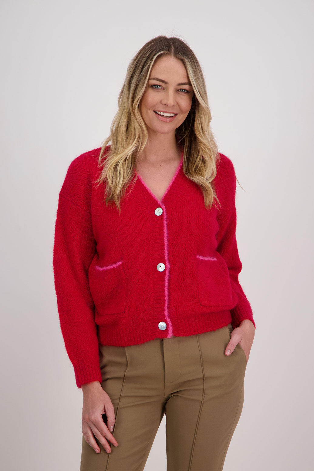 Red with Pink trim Briarwood mohair/wool cardigan with long sleeves and pockets. Valentino