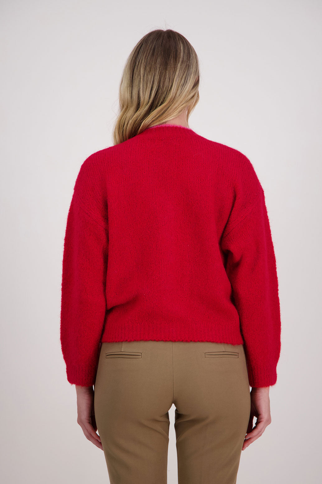 Red with Pink trim Briarwood mohair/wool cardigan with long sleeves and pockets. Valentino