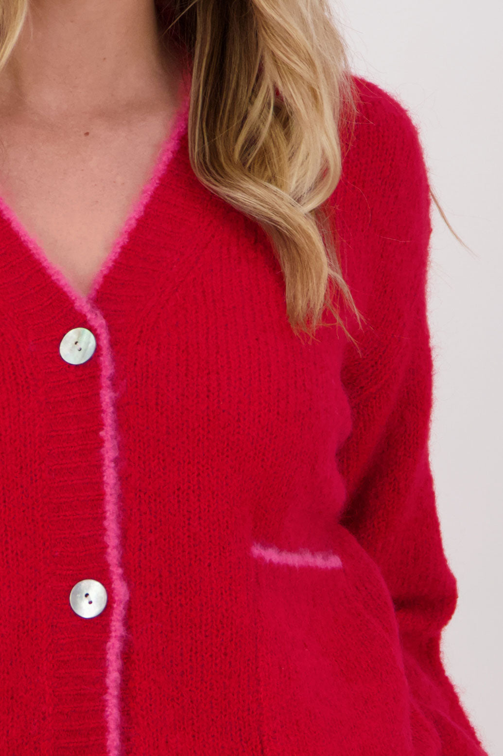 Red with Pink trim Briarwood mohair/wool cardigan with long sleeves and pockets. Valentino