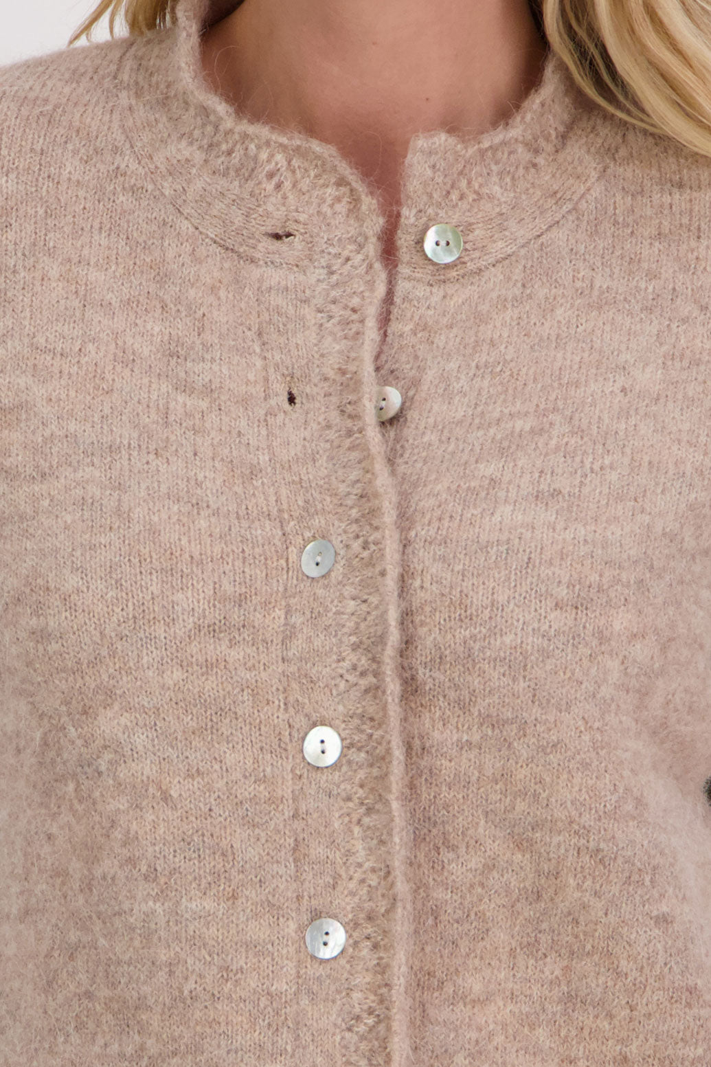 Taupe/Beige Briarwood cardigan with knitted lace trim around the neck and down the buttons.