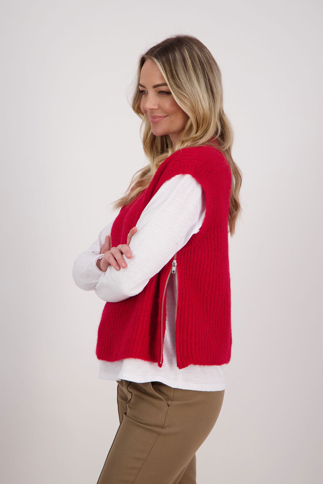 Red sleeveless Mohair/Wool Blend knit vest. High neck and side zip. Vickie