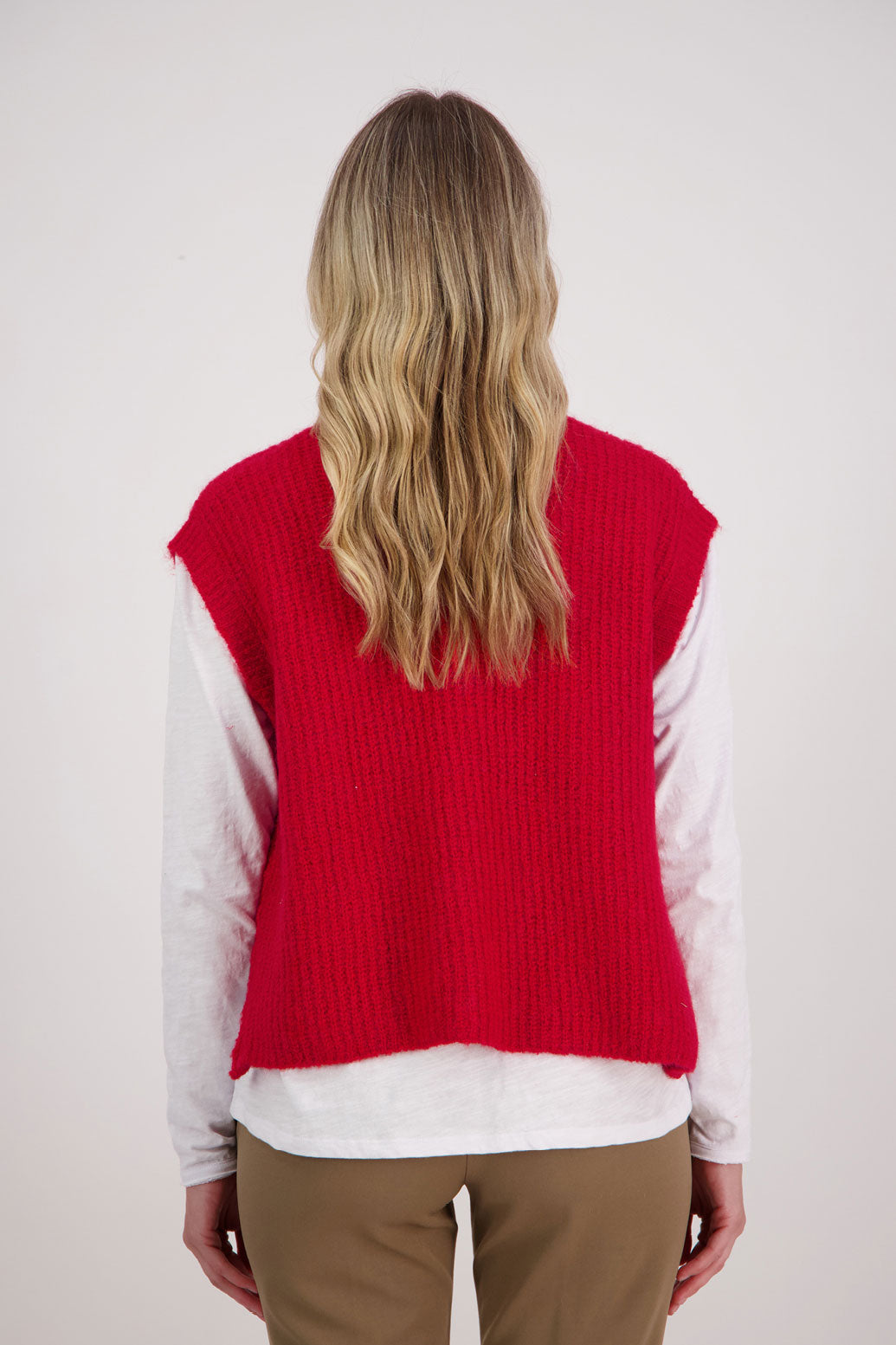 Red sleeveless Mohair/Wool Blend knit vest. High neck and side zip. Vickie