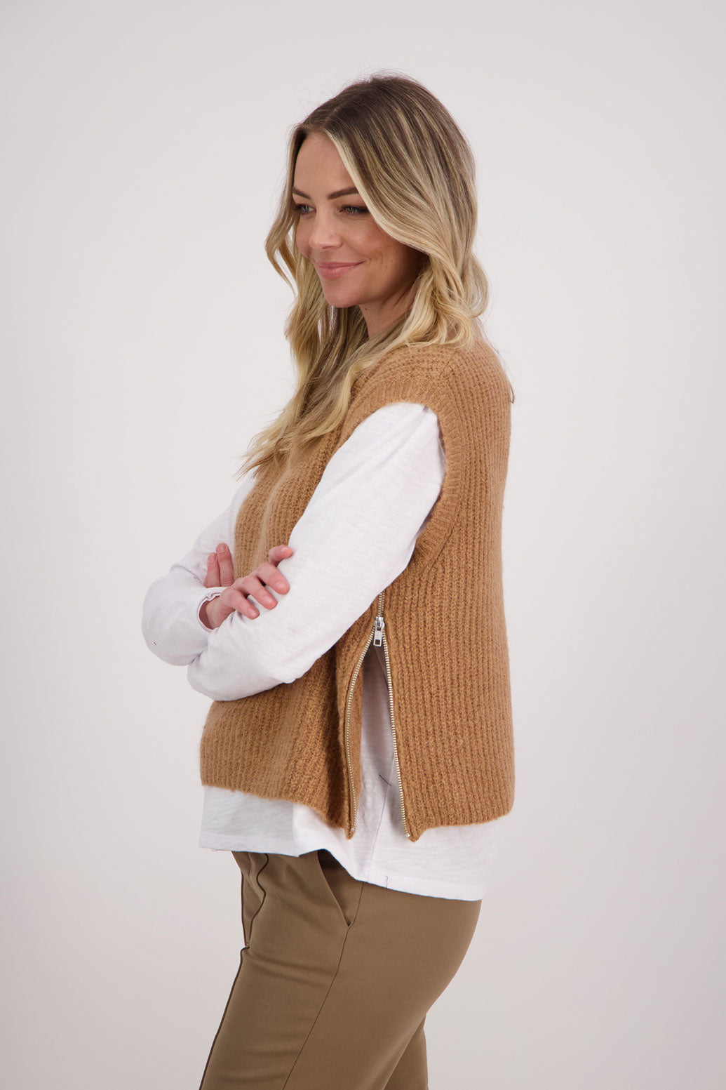 Taupe sleeveless Mohair/Wool Blend knit vest. High neck and side zip. Vickie