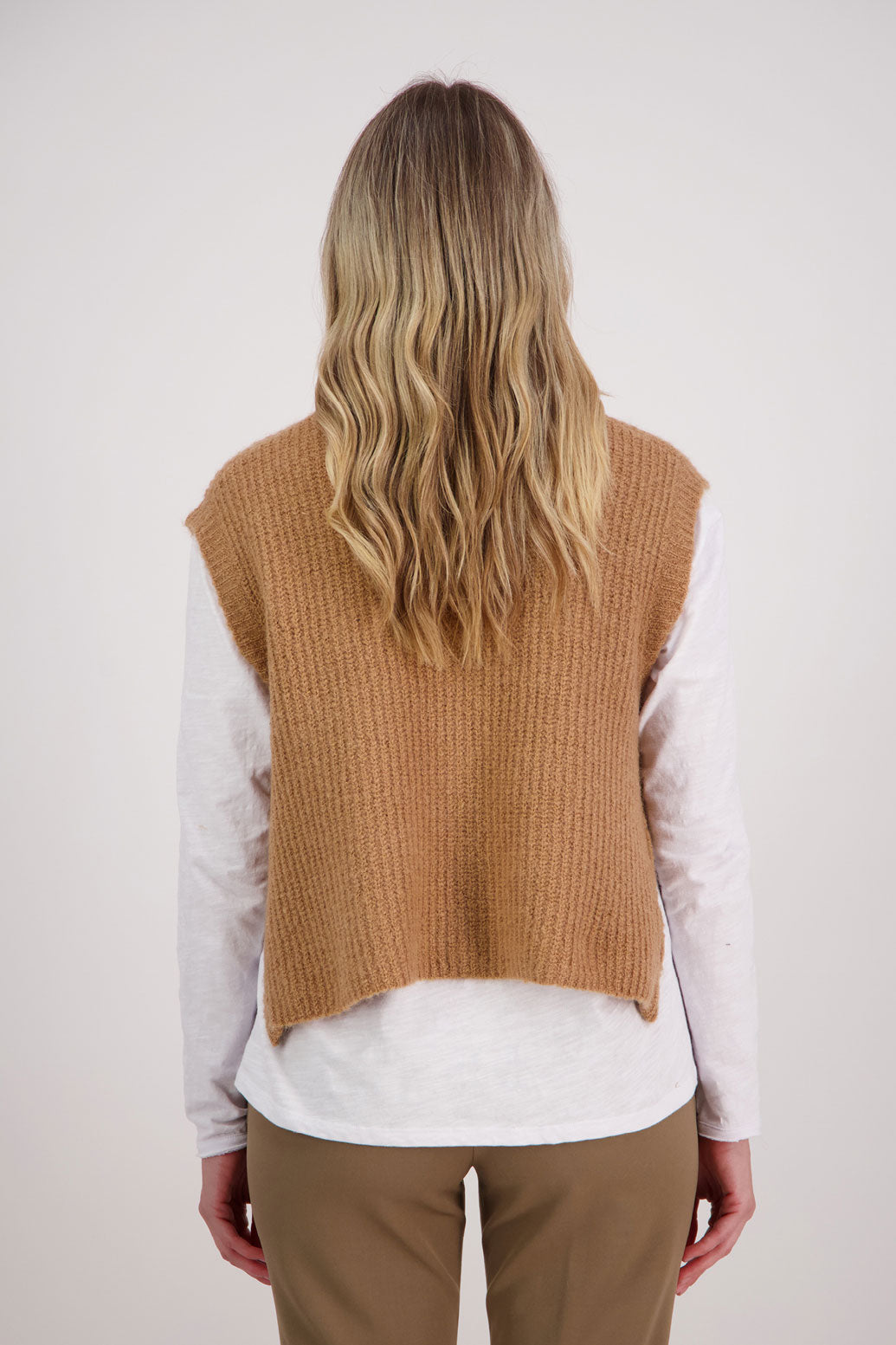 Taupe sleeveless Mohair/Wool Blend knit vest. High neck and side zip. Vickie