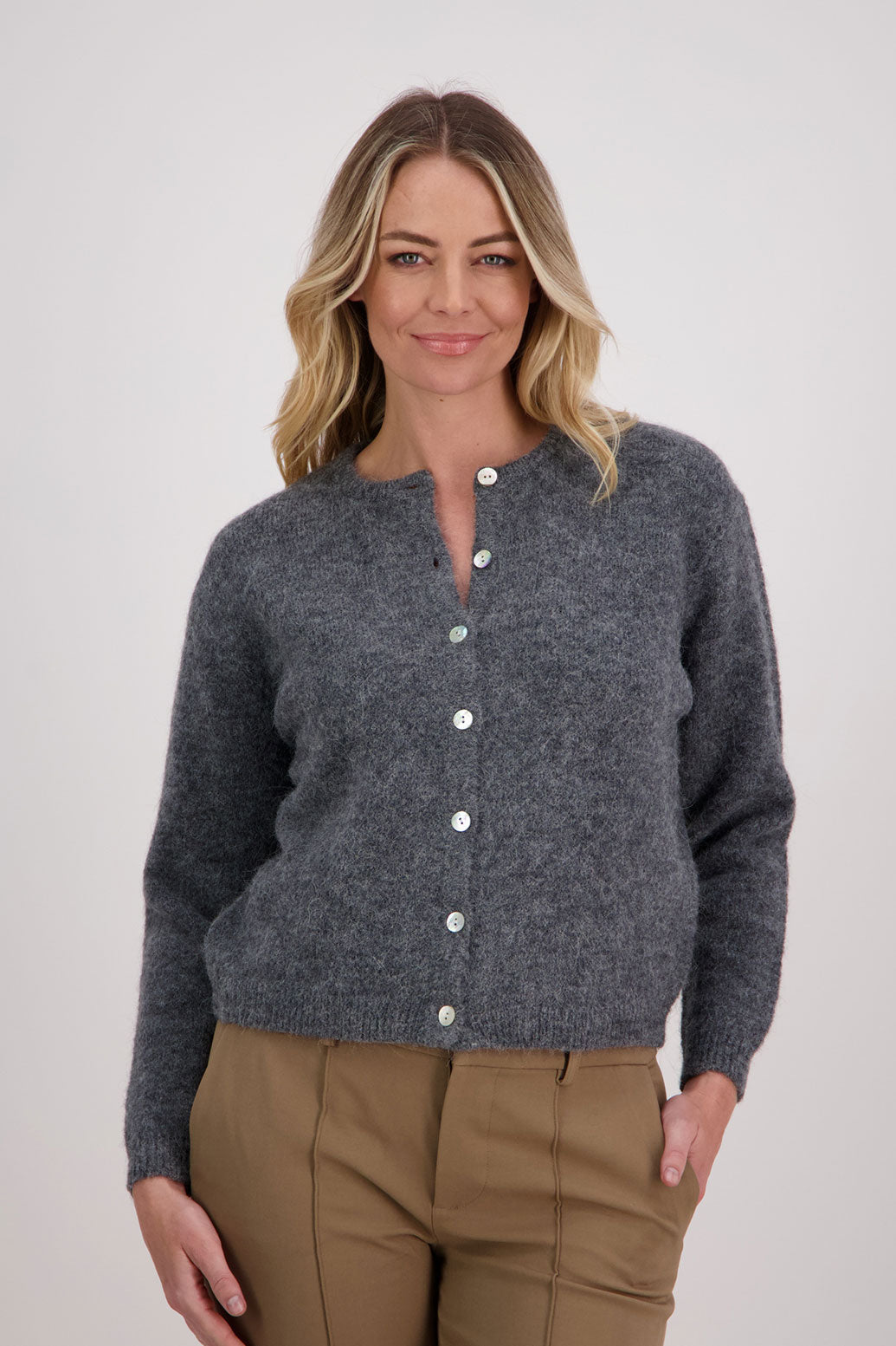 Charcoal Briarwood classic cardigan with long sleeves and button up front, Violet