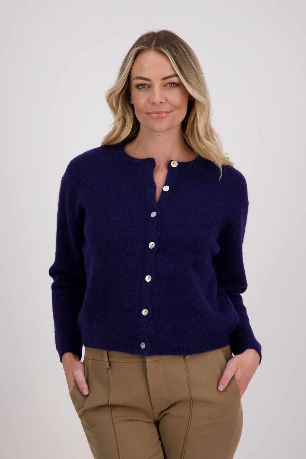 Ink/Dark Blue/Navy Briarwood classic cardigan with long sleeves and button up front, Violet