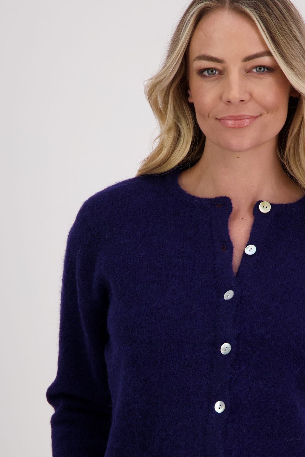 Ink/Dark Blue/Navy Briarwood classic cardigan with long sleeves and button up front, Violet