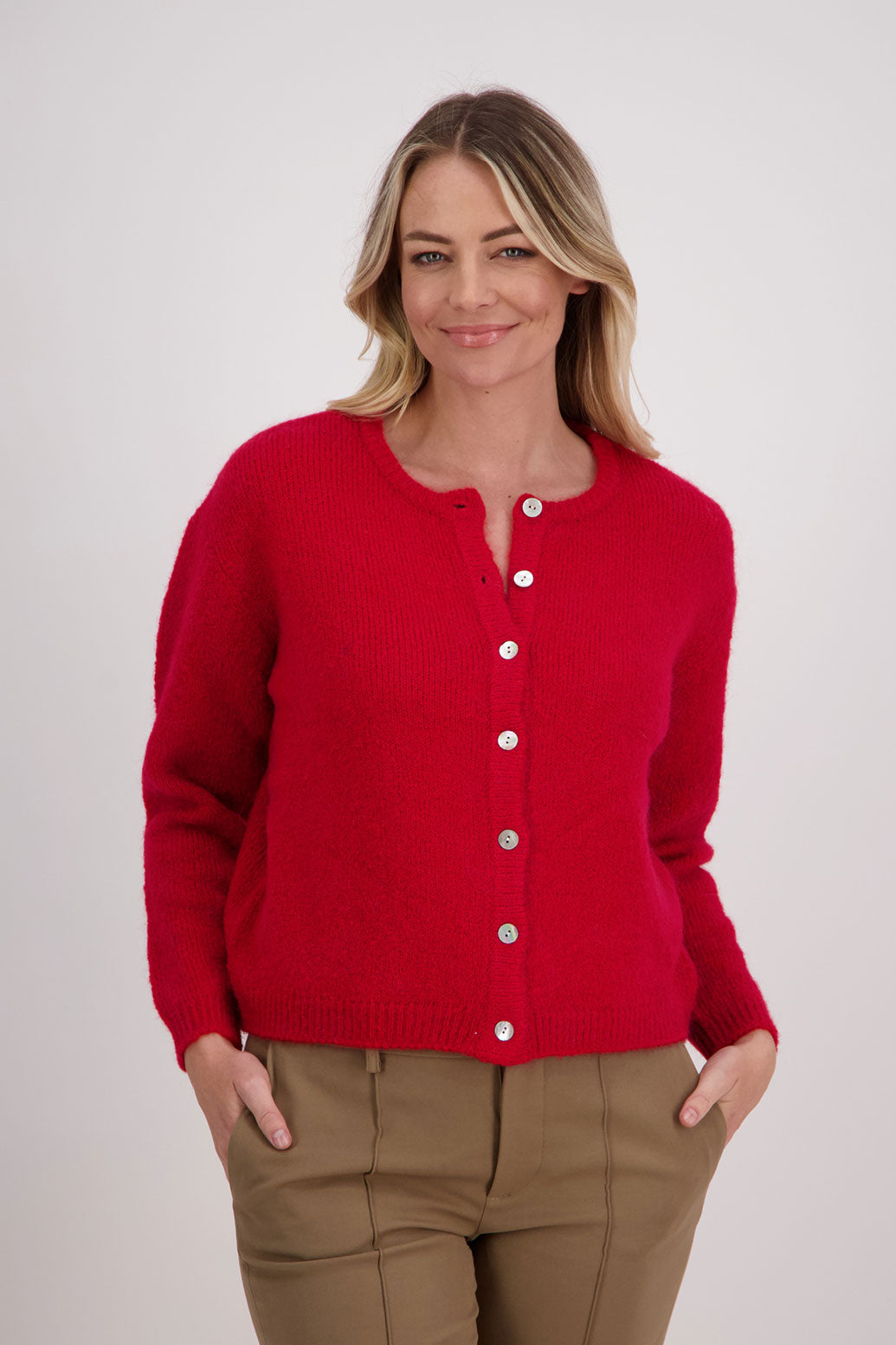 Red Briarwood classic cardigan with long sleeves and button up front, Violet