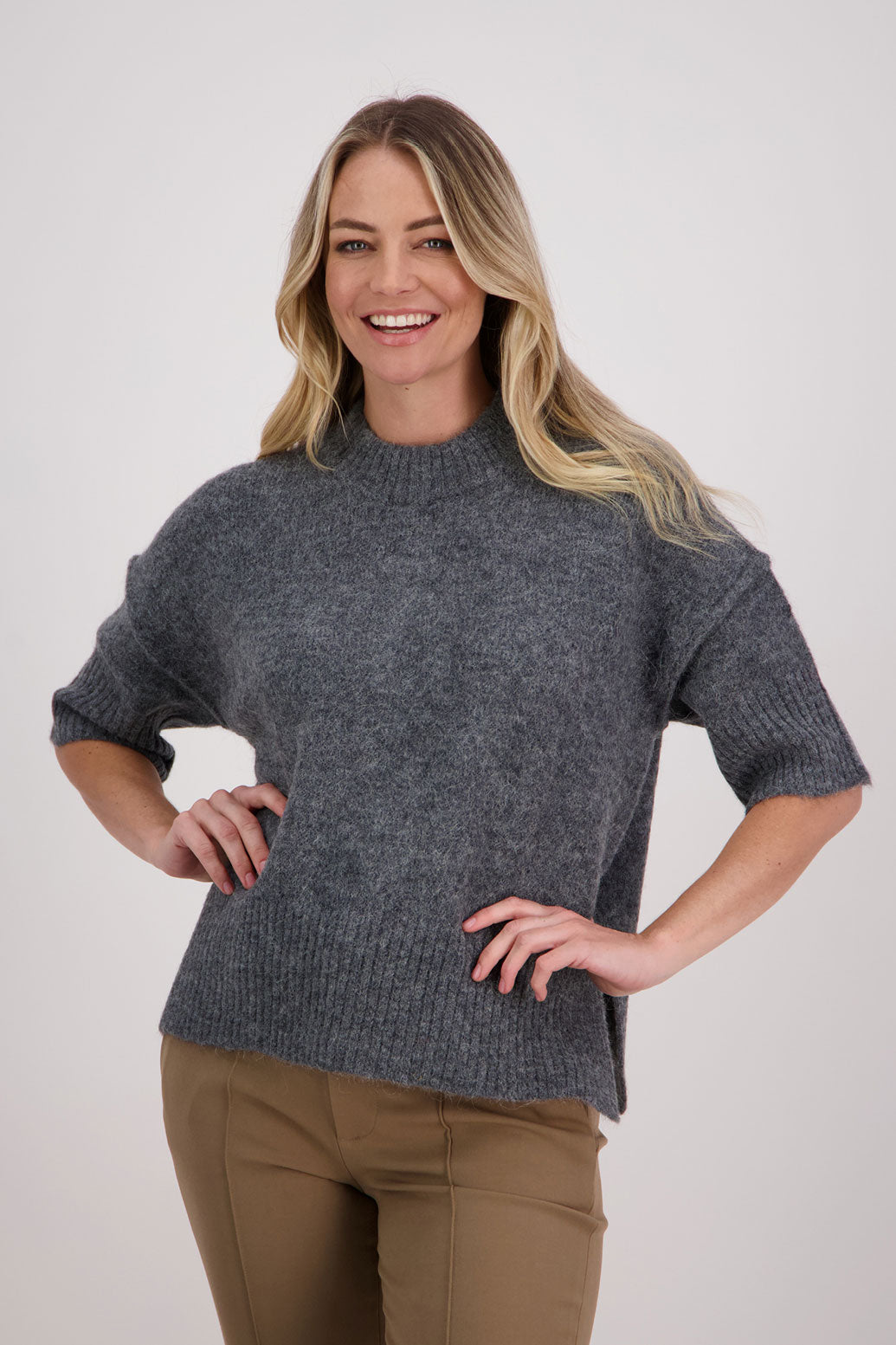 Charcoal Alpaca/Wool blend top with elbow length sleeves and drop shoulder. Virginia