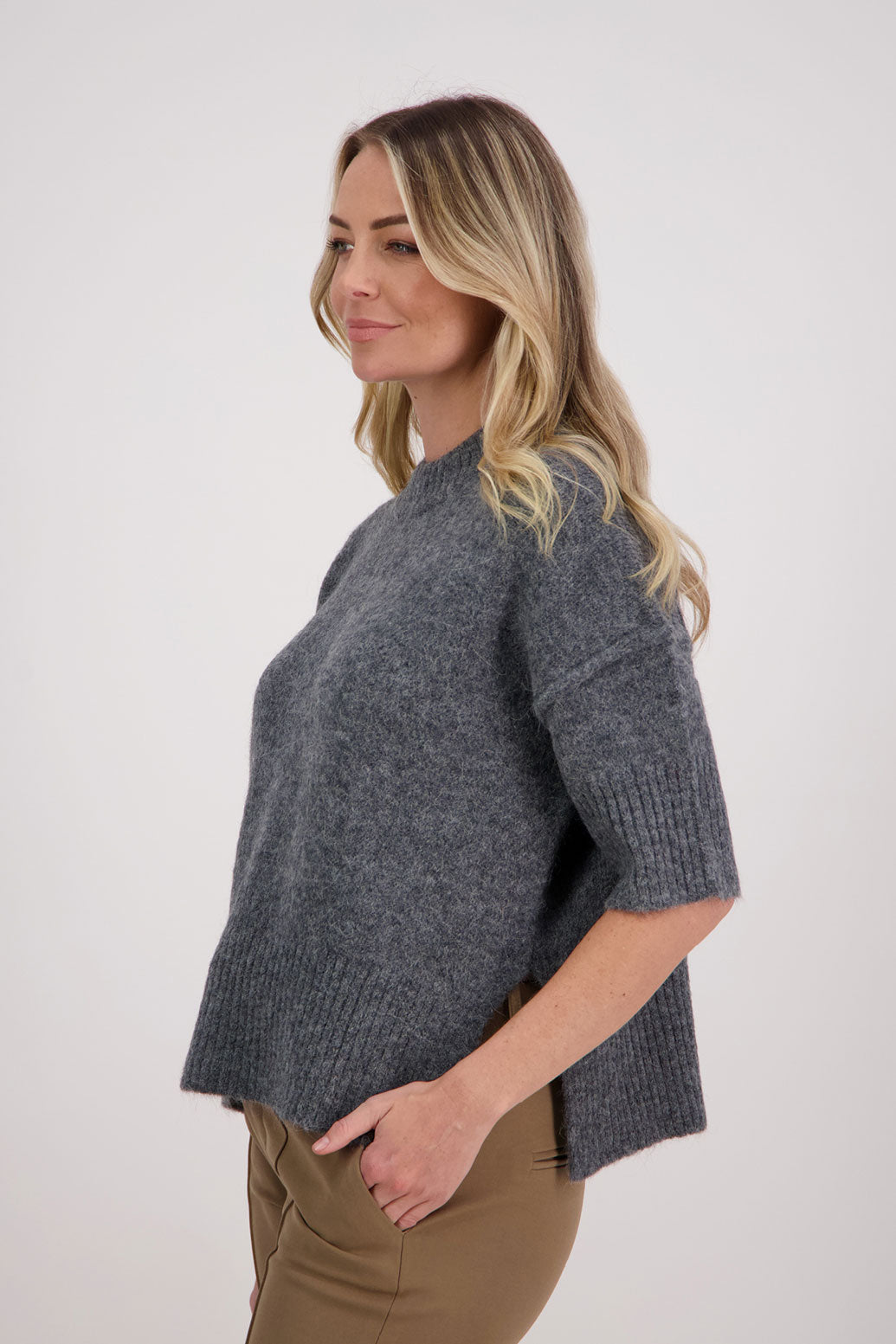 Charcoal Alpaca/Wool blend top with elbow length sleeves and drop shoulder. Virginia