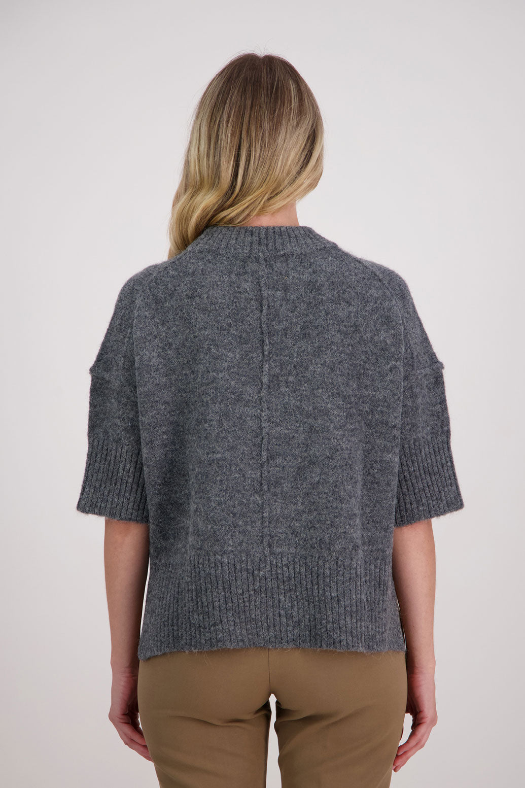 Charcoal Alpaca/Wool blend top with elbow length sleeves and drop shoulder. Virginia